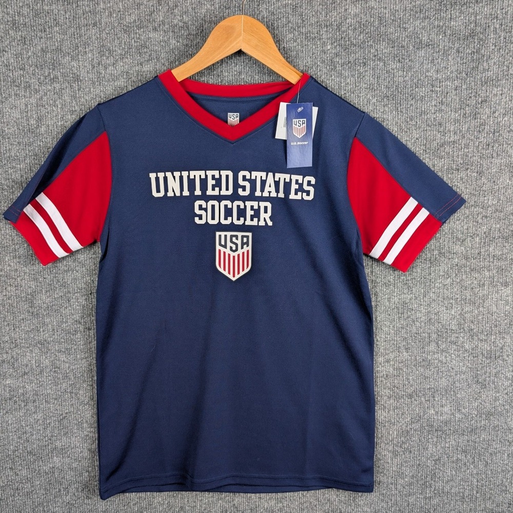 US Soccer Boys Jersey Navy Blue Red White V-Neck Shirt Size L 12-14 NEW